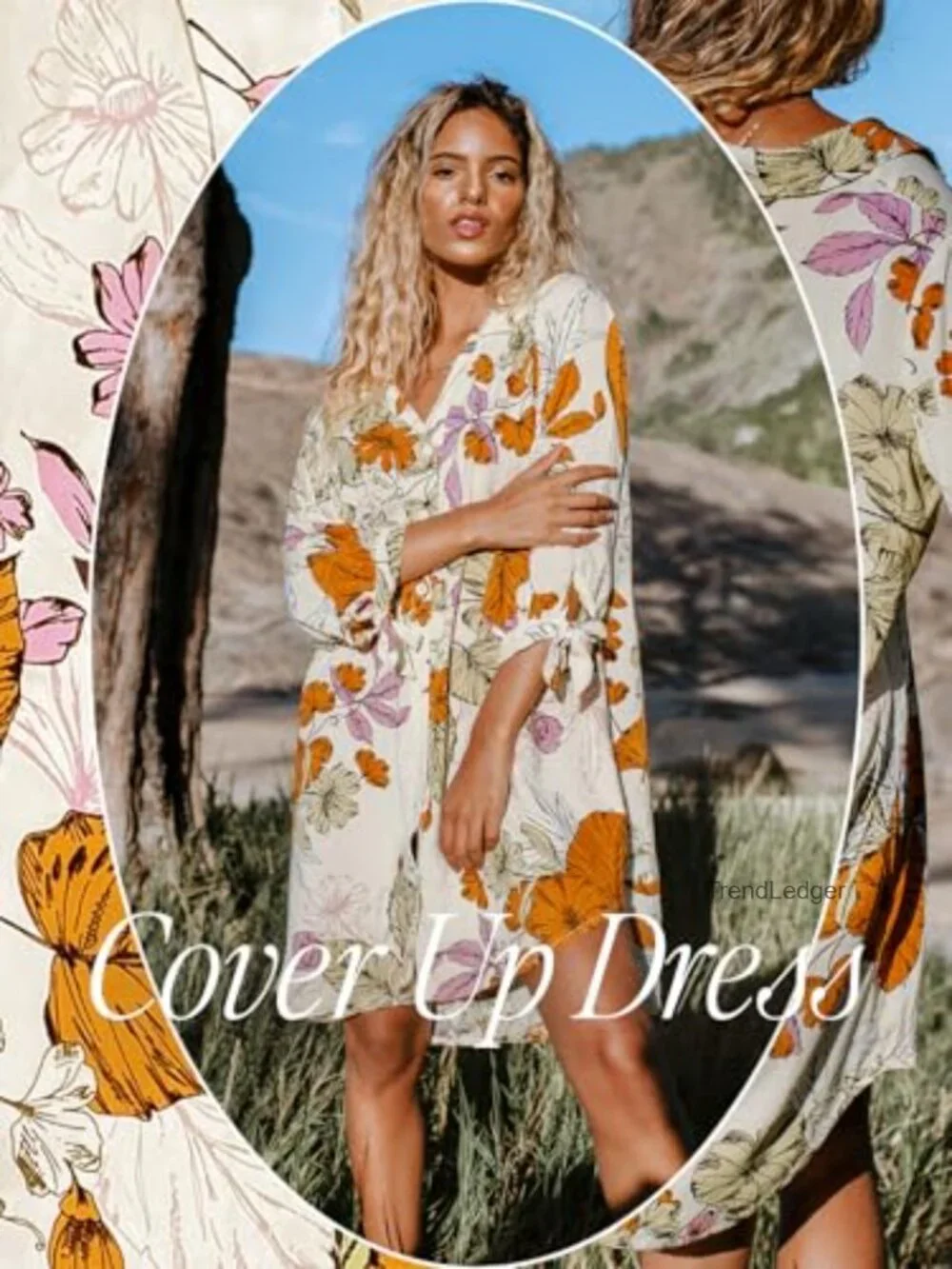 Women's Oversize Floral Shirt Dress 3/4 Sleeve Button Down Beach Cover Up
